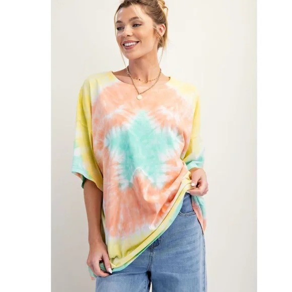 109. NWT Easel Tie-Dye Short Sleeve Tee - Coral, Mint Green, Yellow, White - Picture 1 of 6